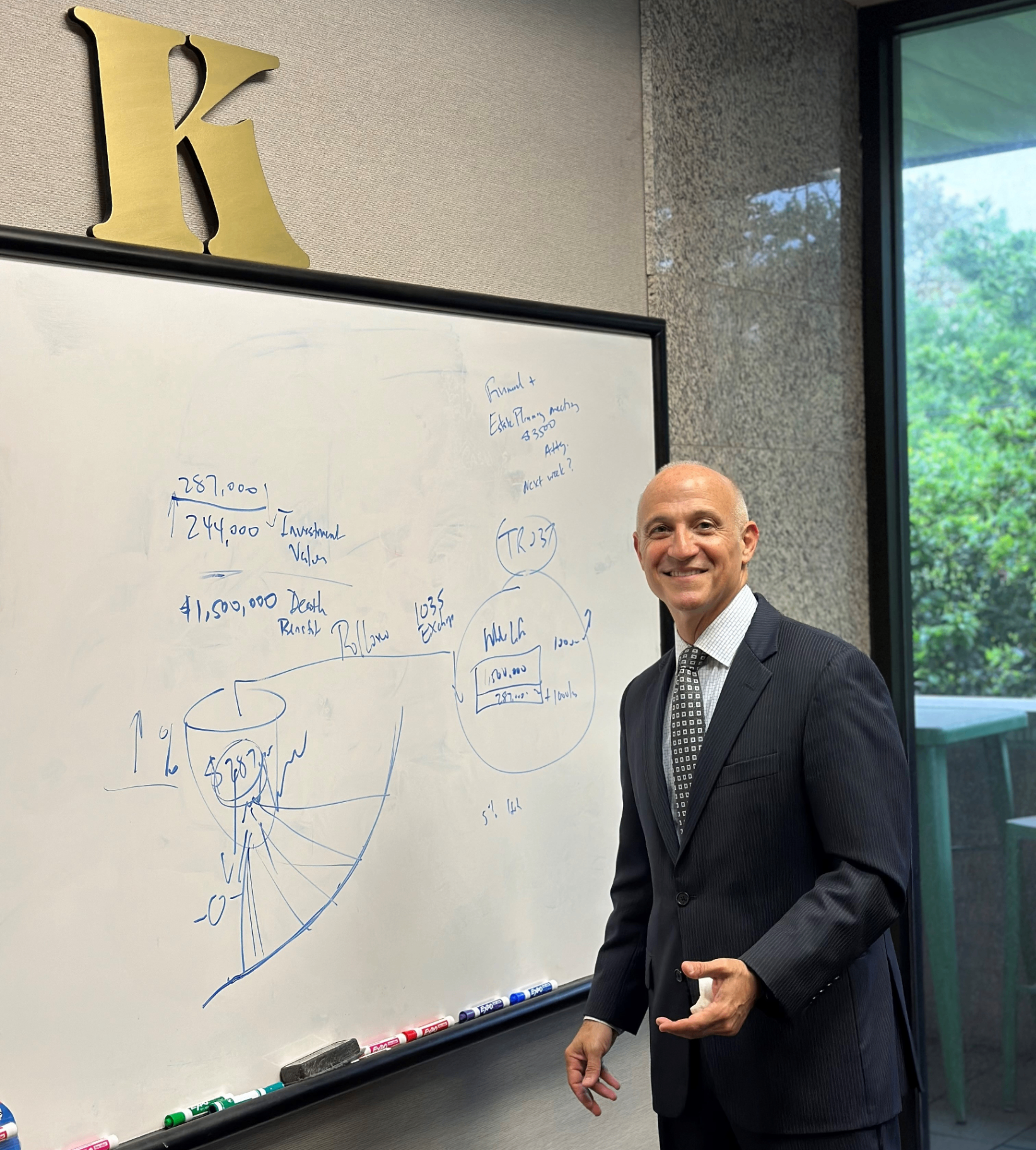 Walter Katz at a whiteboard discussing business planning strategy