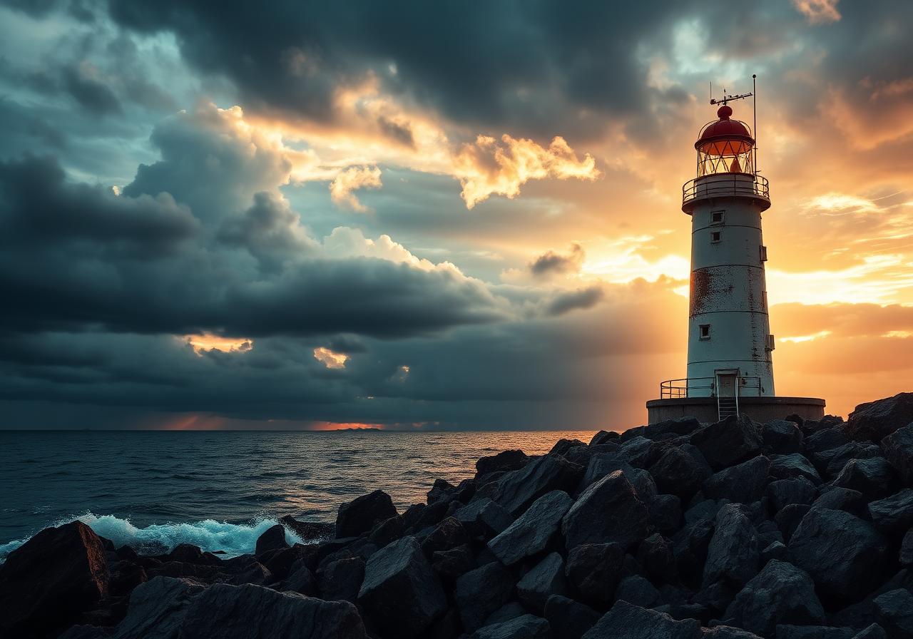 Lighthouse on a rocky coast at sunrise representing protection